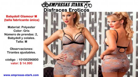 Babydoll Glamour M  (talla fabricante única)	 Material: Polyester Color: Gris Número de prendas: 2,  Babydoll y colales. Talla: M Observaciones: Tirantes ajustables.    código  : 10100296800 valor: $ 14.990